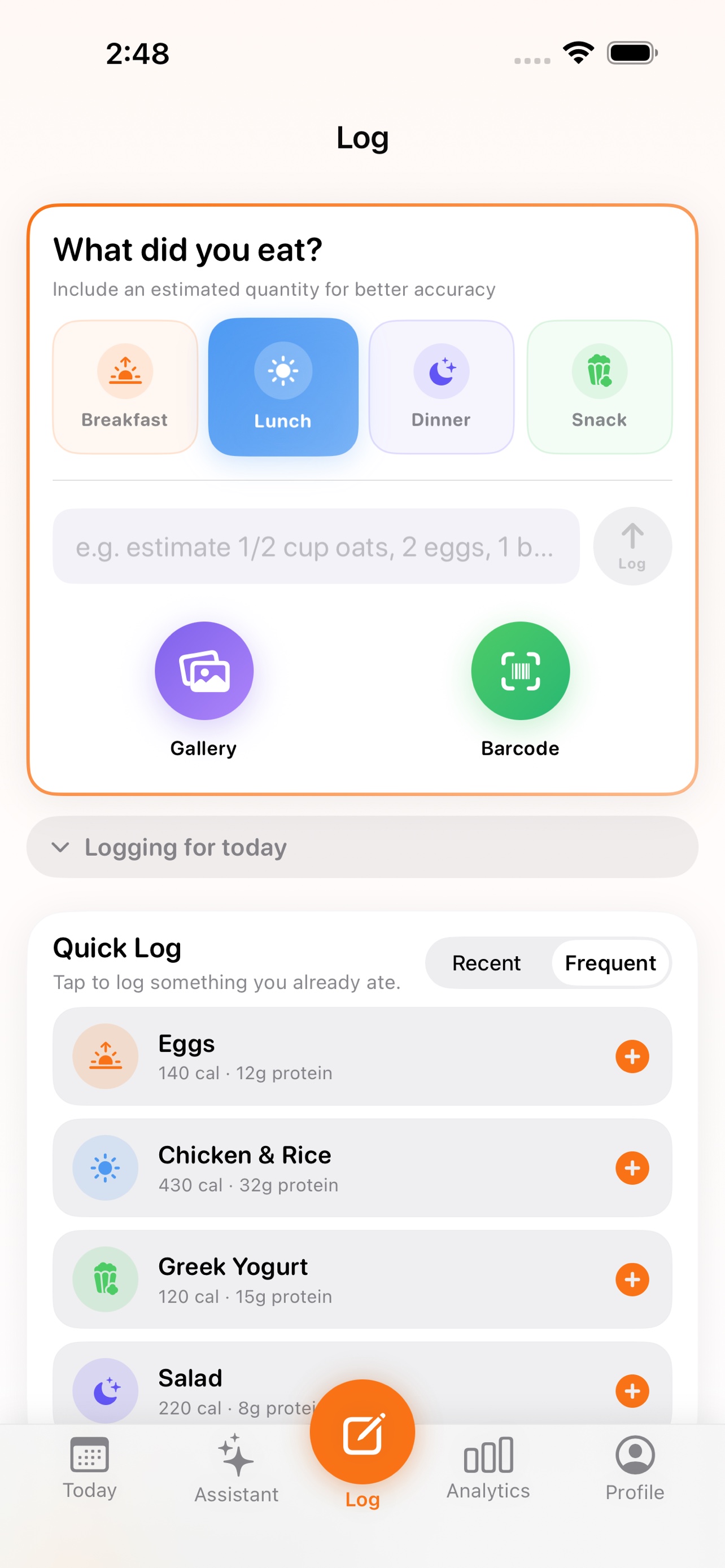 MealScout iOS Log screen for quick meal logging