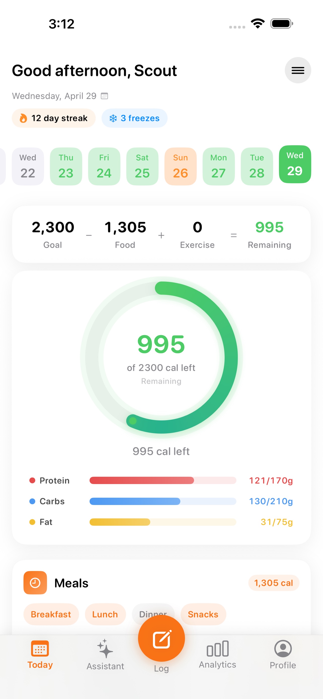 MealScout iOS Today dashboard with calories and macro progress